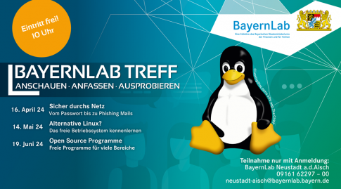 Im Hintergrund unterhalten sich Personen, Der Pinguin Tux befindet sich als Linuxmaskottchen im Vordergrund, Die Beschreibungen zu den  Kursen befinden sich im Fließtext